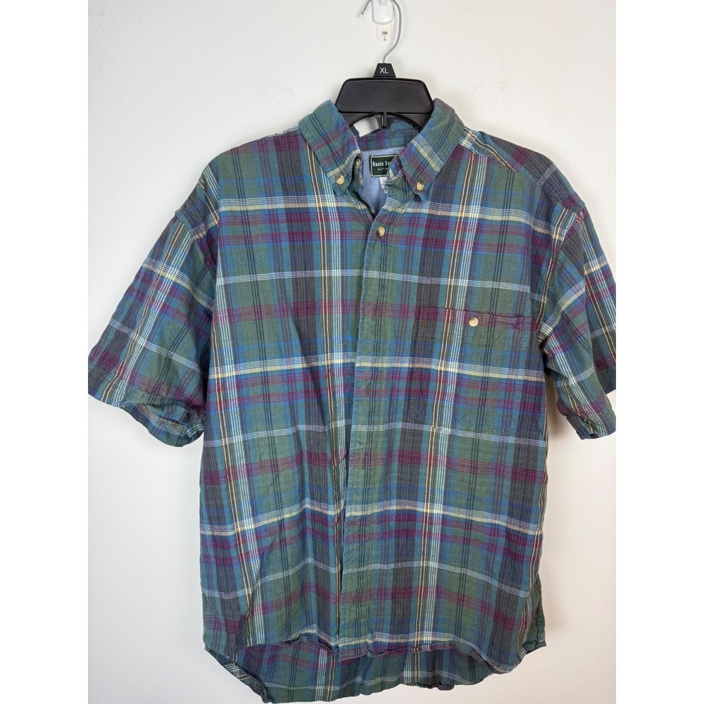 Basic Equipment Mens Plaid Short Sleeve Button Down Shirt Green Blue Medium